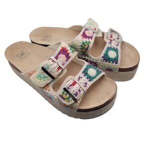 Crochet Granny Square Platform 9.5  Sandals Double Strap Slip on BOHO Hippie